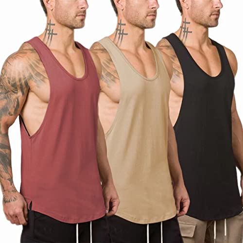 XYKJFIT 3er-Pack Herren Muscle Gym Workout Stringer Tank Tops Bodybuilding Fitness T-Shirts, Schwarz + Aprikose + Dunkelviolett, L von XYKJFIT