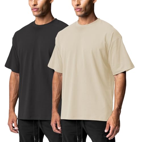 XYKJFIT Übergröße Herren T-Shirt, einfarbig, kurzärmelig, modisch, locker, Rundhalsausschnitt, Fitnessstudio, Sport, Freizeit, Fitness, Top, 2 Stück, Schwarz/Aprikose, M von XYKJFIT