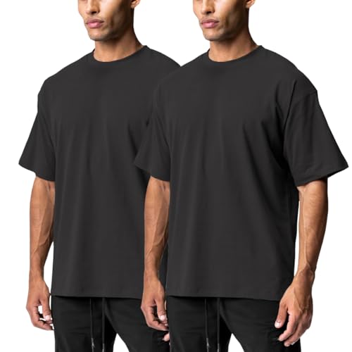 XYKJFIT Übergröße Herren T-Shirt, einfarbig, kurzärmelig, modisch, locker, Rundhalsausschnitt, Fitnessstudio, Sport, Freizeit, Fitness, Top, 2 Stück, schwarz/schwarz,L von XYKJFIT