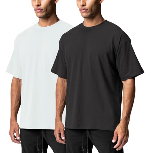 XYKJFIT Übergröße Herren T-Shirt, einfarbig, kurzärmelig, modisch, locker, Rundhalsausschnitt, Fitnessstudio, Sport, Freizeit, Fitness, Top, 2 Stück, schwarz/weiß, L von XYKJFIT