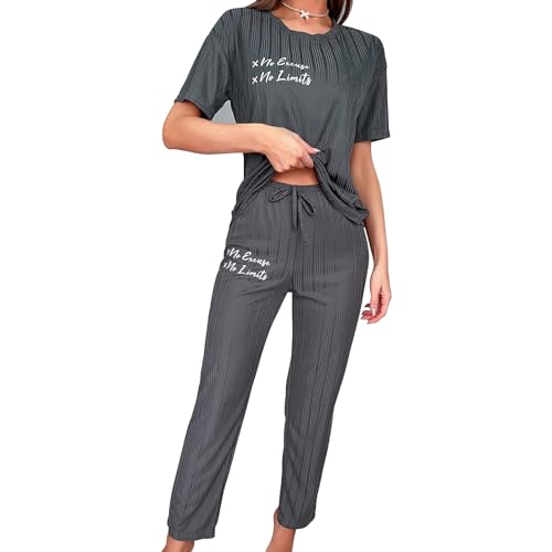 XYKrissas 2-teiliges Lounge-Set für Damen, Pyjama-Oberteile mit gestreiften Buchstaben, Nachtwäsche, Sweatsuits, passend zu Langen Hosen.-L von XYKrissas