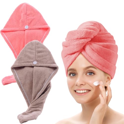 2 Stück Set Haarturban Kopfhandtuch, aus Mikrofaser,mit Knopf,Turban Haar Handtuch Superabsorbierender Schnell Haare Schnelltrocknend,Hellrosa + Heller Kaffee von XYTAHDM