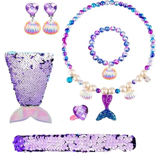 7 Pcs Meerjungfrau Kinder Schmuckset Mädchen,Meerjungfrau Prinzessin Dress Up Set, Kinderschmuck Enthalten Halskette, Ringe, Armbänder, Ohrring, Schmuck Set Einhorn für Party Dress Up Geschenk von XYTAHDM