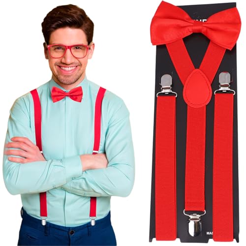 XYTAHDM 1 Set Breite Hosenträger mit Fliege Set, Verstellbare Hosenträger mit Fliege, Breite Hosenträger Herren mit Roter Fliege, Einheitsgröße von XYTAHDM
