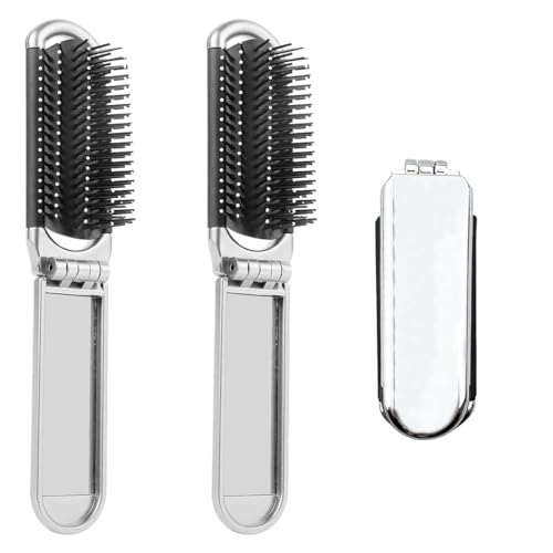 XYTAHDM 2 Stück Faltbare Reise-Haarbürste, Tragbare Silber Haar-Styling Kamm,Reise Haarbürste mit Spiegel Faltbare, Reisebürste Klapp Haarmassagekamm,für Männer, Mädchen, Frauen von XYTAHDM