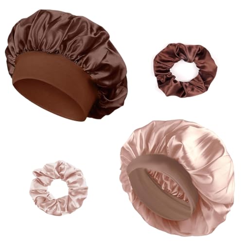 XYTAHDM 2 Stück Seidenhaube zum Schlafen mit 2 Stück Satin Haargummis,Nacht Schlaf Haube,Weiche und Bequeme Satin-Schlafmütze(Roségold + Kaffee) von XYTAHDM