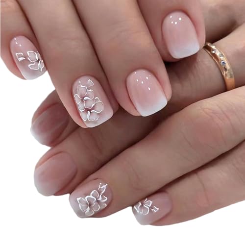XYTAHDM 24 Stück Press on Nails Kurz,Squoval Nude Rosa Ombre Weiß Blumen Spring Fake Nails,Französische Acryl Künstliche Fingernägel für Frauen Mädchen DIY Maniküre Dekoration von XYTAHDM