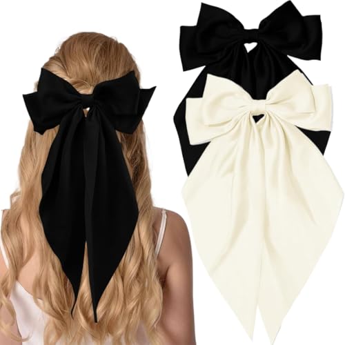 XYTAHDM 2PCS Haarschleifen Clips - Haarspangen mit Großer Schleife Einfarbige Haarnadel mit Schleife Haarspangen Accessoires für Mädchen Frauen, Schwarz + Milchig weiß von XYTAHDM