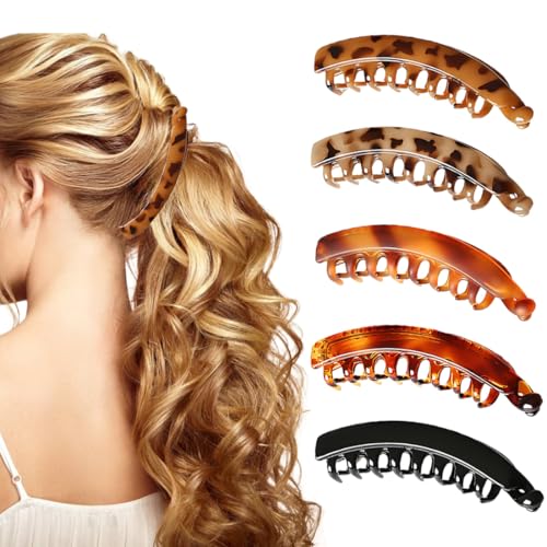 XYTAHDM 5 Stück Groß Bananen Haarspange Vintage Bananen-Haarspangen Banana Clip Rutschfeste Leopard Haar Spange Haarclips Bananen Haarspangen Damen Mädchen Dicke Mittleres Haar von XYTAHDM