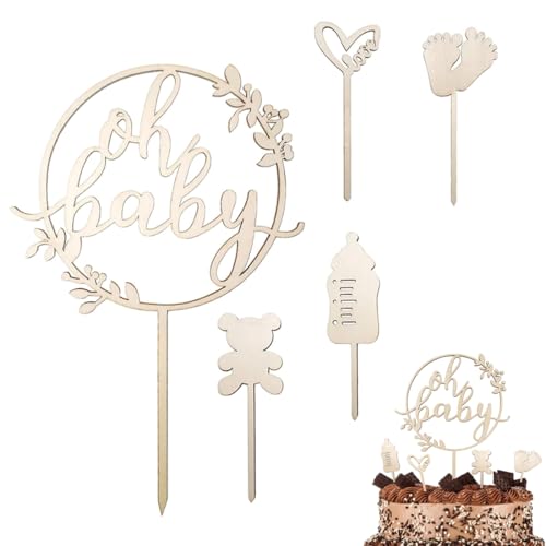 XYTAHDM 5 Stück Oh Baby Cake Topper Holz, Kuchen Topper Babyparty Tortendeko, ender Reveal Partydeko,Kindertaufe schmücken Tortenaufsatz von XYTAHDM