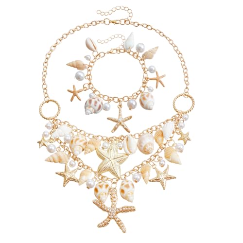 XYTAHDM Meerjungfrau Kostüm Schmuck Set Damen,Meerjungfrau Accessoires Damen,Meerjungfrau Kostüm Zubehör Seestern Muschel Halskette,Haarspange Ohrringe Strandschmuck für Karneva(A) von XYTAHDM