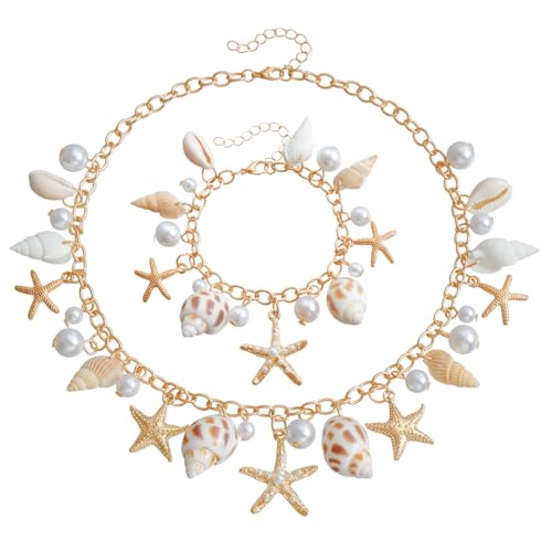 XYTAHDM Meerjungfrau Kostüm Schmuck Set Damen,Meerjungfrau Accessoires Damen,Meerjungfrau Kostüm Zubehör Seestern Muschel Halskette,Haarspange Ohrringe Strandschmuck für Karneva(B) von XYTAHDM