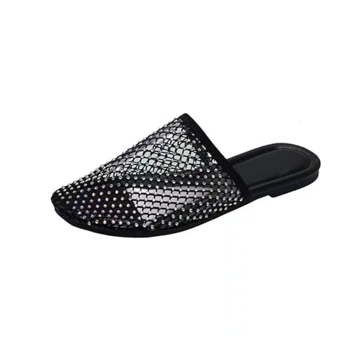 XYWSPSCV Sandalen Damen Hohle Mesh Strass Sandalen Weichen Sohlen Flache Sommerschuhe Slip On Sandalen，Sandalen Mit Runder Spitze，Damen-Mesh-Zehensandalen von XYWSPSCV