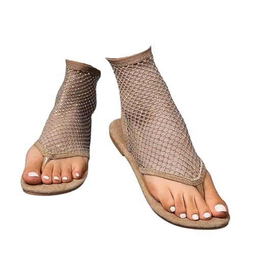 XYWSPSCV Sandalen Damen Hohle Mesh Strass Sandalen Weichen Sohlen Flache Sommerschuhe Strandschuhe Netzstrümpfe Slip On Sandalen，Damen-Mesh-Zehensandalen von XYWSPSCV