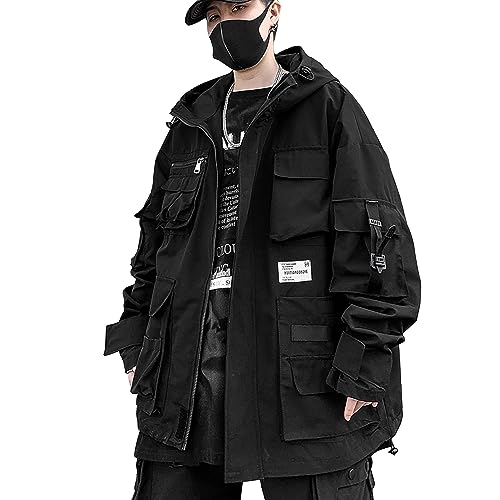 XYXIONGMAO Gothic Clothes Tactical Cyberpunk Techwear Zipper Jacket Windbreaker Hooded Streetwear Jackets for Men, Schwarz, XXL von XYXIONGMAO