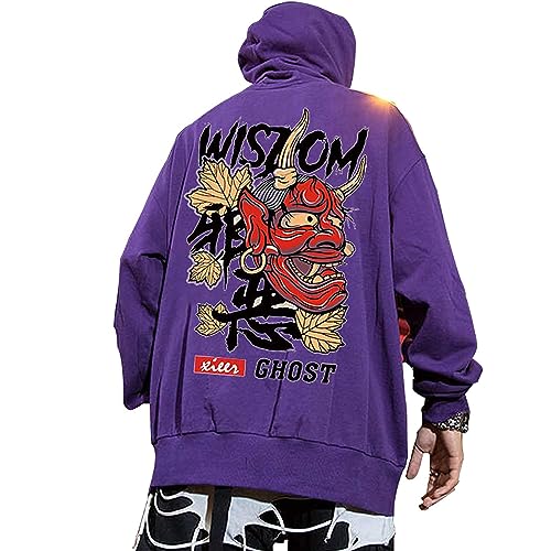 XYXIONGMAO Graphic Hoodies für Herren Japanischer Hoodie Streetwear Oversized Schwarz Weiß Ghost Hip-Hop Good and Evil, Lila, 2XL von XYXIONGMAO