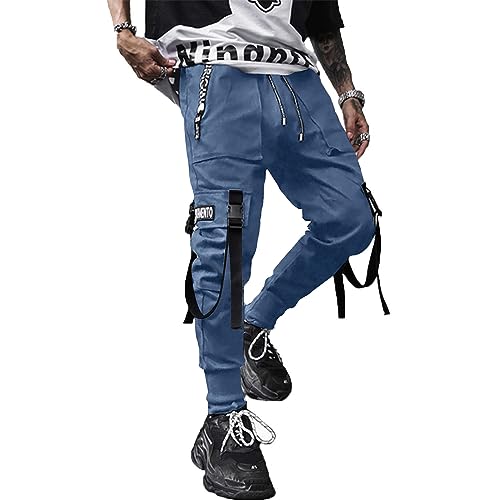 XYXIONGMAO Herren Jogger Pants Techwear Hip Hop Haremshose Streetwear Tactical Track Pants, Blau, Klein von XYXIONGMAO