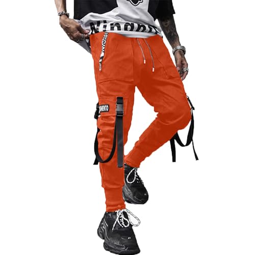 XYXIONGMAO Herren Jogger Pants Techwear Hip Hop Haremshose Streetwear Taktische Trainingshose, Orange/Abendrot im Zickzackmuster (Sunset Chevron), Klein von XYXIONGMAO
