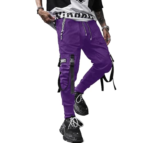 XYXIONGMAO Herren Jogger Pants Techwear Hip Hop Haremshose Streetwear Taktische Trainingshose, Violett, Groß von XYXIONGMAO