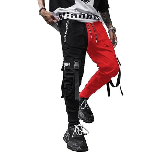 XYXIONGMAO Herren Jogger Pants Techwear Hip Hop Haremshose Streetwear Taktische Trainingshose, schwarz/rot, XXL von XYXIONGMAO
