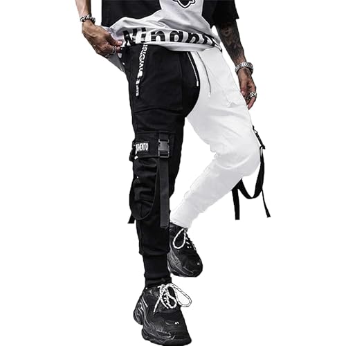 XYXIONGMAO Herren Jogger Pants Techwear Hip Hop Haremshose Streetwear Taktische Trainingshose, schwarz/weiß, Groß von XYXIONGMAO