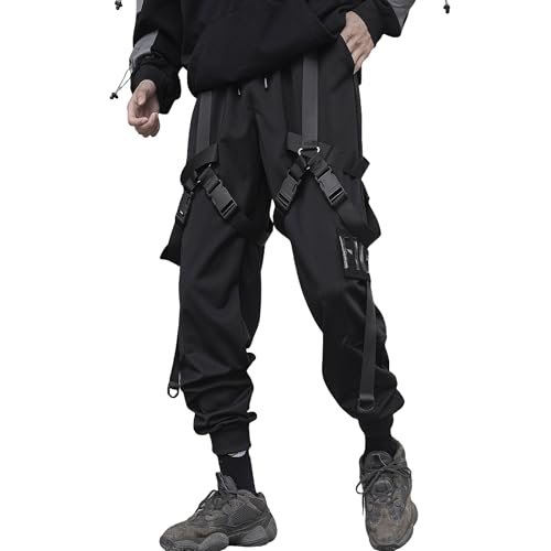 XYXIONGMAO Techwear Cyberpunk-Kleidung für Herren, Hip-Hop-Hose, schwarz, Streetwear, Gothic, Sweathose, taktische Cargohose für Herren, Schwarz, Groß von XYXIONGMAO