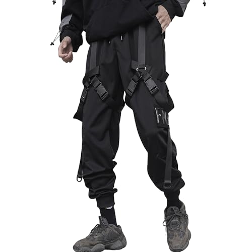 XYXIONGMAO Techwear Cyberpunk-Kleidung für Herren, Hip-Hop-Hose, schwarz, Streetwear, Gothic, Sweathose, taktische Cargohose für Herren, Schwarz, Mittel von XYXIONGMAO