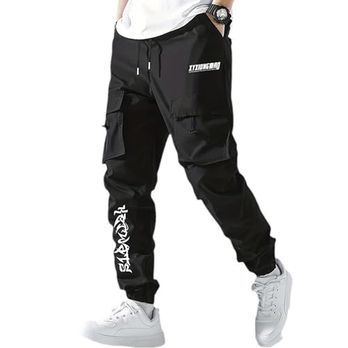 XYXIONGMAO Herren Schwarz Casual Loose Gothic Jogger Techwear Sweatpants Taktische Streetwear Cyberpunk Hiphop Cargohose für Herren, Schwarz, Groß von XYXIONGMAO