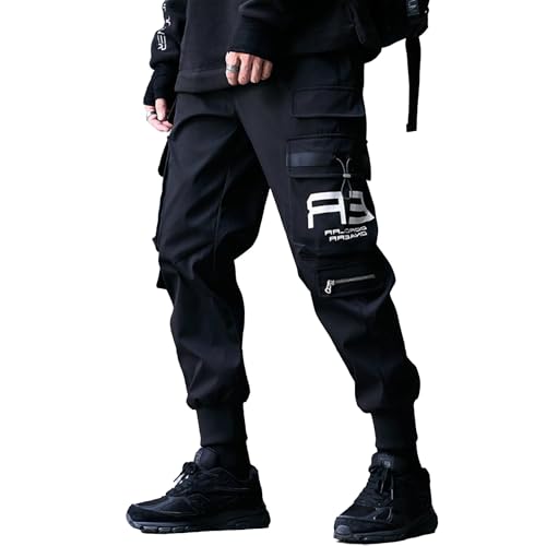 XYXIONGMAO Herren Schwarz Mode Taktische Streetwear Techwear Jogger Hip Hop Streetwear Sweatpants Cargohose für Männer, Schwarz, Groß von XYXIONGMAO