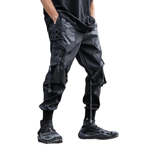 XYXIONGMAO Herren Schwarz Streetwear Hose Gothic Sweatpants Techwear Hip Hop Multi-Pocket Cargo Hose mit Trägern für Männer, Schwarz, Mittel von XYXIONGMAO