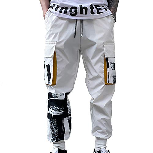 XYXIONGMAO Herren Weiß Taktische Haremshose mit Taschen Techwear Streetwear Hip Hop Jogger Sweatpants Cargohose für Männer, Weiss/opulenter Garten, Groß von XYXIONGMAO