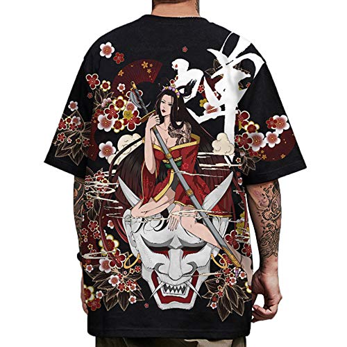 XYXIONGMAO Japanisch gedruckt Kurzarm T-Shirt Herren Lose Casual Unisex Streetwear Hip Hop Grafik Tees Shirts für Männer, schwarz, Mittel von XYXIONGMAO