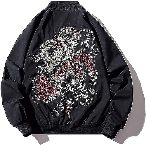 XYXIONGMAO Japanischer Drache Herren Hip-Hop Kleidung Oversized Männer Bomberjacke Paar Streetwear Pilotenjacke, schwarz, Large von XYXIONGMAO