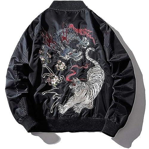 XYXIONGMAO Japanische Drache Tiger Hip Hop Kleidung Herren Bomberjacke Übergroße Straße Windbreaker Fliegen Streetwear, Schwarz, L von XYXIONGMAO