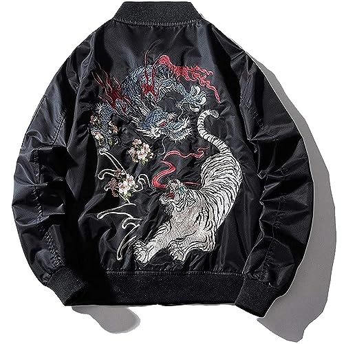 XYXIONGMAO Japanese Dragon Tiger Hip Hop Bekleidung Herren Bomberjacke Oversized Street Windbreaker Flying Streetwear, Schwarz, XL von XYXIONGMAO