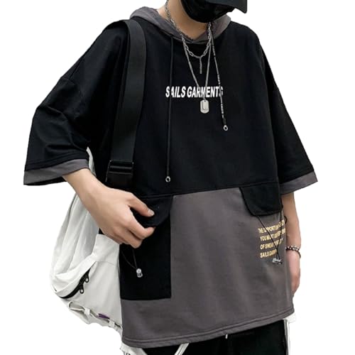 XYXIONGMAO Kapuzen-T-Shirt, lose große Taschen, Colorblock-Kapuzenpullover, Unisex, Streetwear, Techwear, T-Shirts für Herren, Schwarz, Mittel von XYXIONGMAO