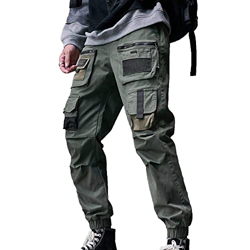 XYXIONGMAO Multi-Pocket Lose Overalls Casual Funktionshose Cargo Jogger Techwear Harem Hip Hop Hosen für Herren, Grün, Klein von XYXIONGMAO