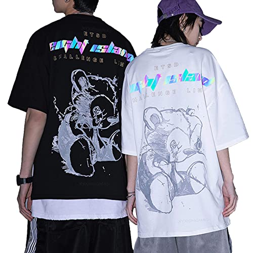 XYXIONGMAO Reflektierender Schriftzug und Bär Grafikdruck T-Shirt Casual Hip-Hop Unisex Streetwear T-Shirts für Herren, Schwarz, L von XYXIONGMAO