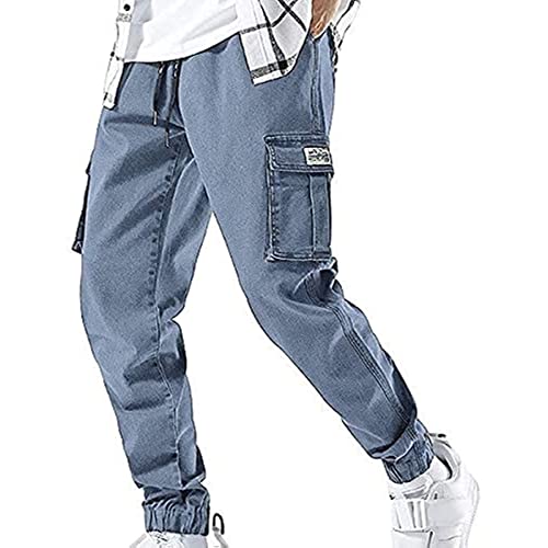 XYXIONGMAO Streetwear Hip-Hop-Cargo-Jogginghose für Herren, Denim-Overall, Sportgeschirr, Füße, Harlan-Freizeithose, Blau, Klein von XYXIONGMAO