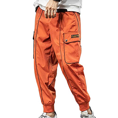 XYXIONGMAO Streetwear Hip-Hop-Cargo-Jogginghose für Herren, Freizeithose, lockere Hose mit mehreren Taschen, Outdoor-Sport, Harems-Overalls, Orange/Abendrot im Zickzackmuster (Sunset Chevron), Klein von XYXIONGMAO