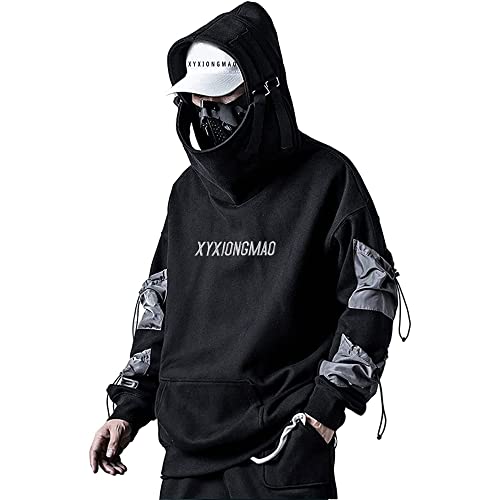 XYXIONGMAO Streetwear Techwear Hoodie Cyberpunk Tactical Herren Schwarz Urban Hip Hop Japanisches Sweatshirt, Schwarz, Large von XYXIONGMAO