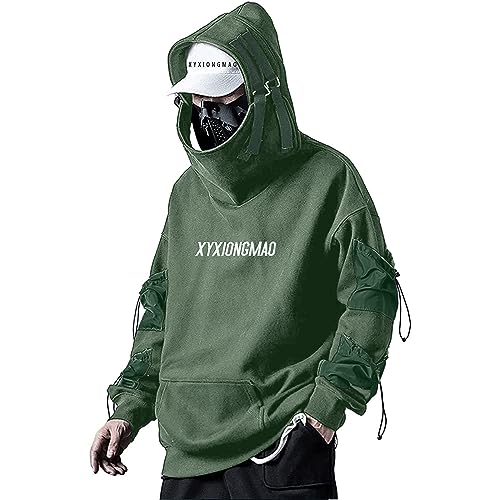 XYXIONGMAO Streetwear Techwear Hoodie Cyberpunk Tactical Herren Black Urban Hip Hop Japanese Sweatshirt, Grün, Large von XYXIONGMAO