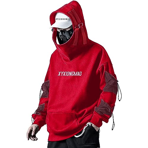 XYXIONGMAO Streetwear Techwear Hoodie Cyberpunk Tactical Herren Schwarz Urban Hip Hop Japanisches Sweatshirt, Rot/Ausflug, einfarbig (Getaway Solids), Medium von XYXIONGMAO