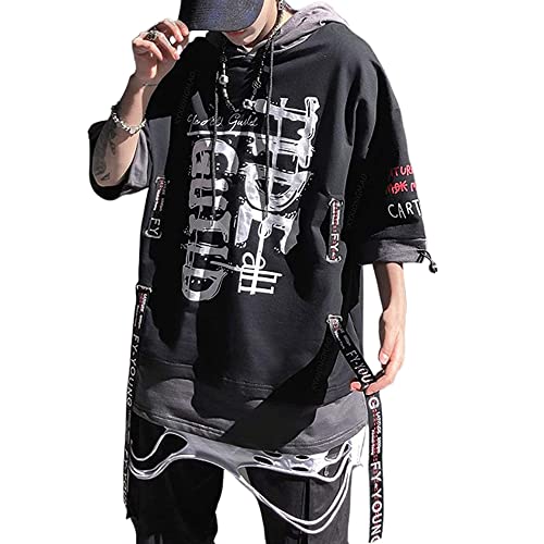XYXIONGMAO Techwear Shirt Japanische Streetwear Hip Hop Shirts Herren Grafik T Alphabet Design Workwear Gothic Hoodie, Schwarz, XX-Large von XYXIONGMAO