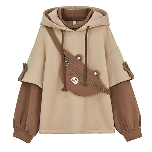 XYXZGM Harajuku Ästhetischen Bären Anime Hoodie Frauen Koreanischen Kawaii Rundhalsausschnitt Langarm Streetwear Kpop Herbst Winter Kleidung Tops-Beige_M von XYXZGM