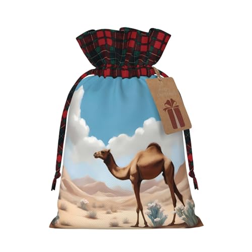 Jutebeutel mit Kordelzug, karierter Stoff und Kraftpapieranhänger, leichte und langlebige Tasche, Kamelfarben von XZDAL