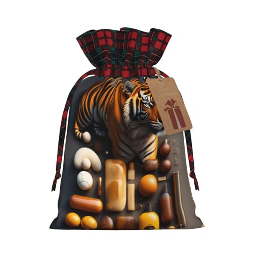 Tiger Jutebeutel mit Kordelzug und kariertem Stoff und Kraftpapieranhänger, leichte und langlebige Tasche von XZDAL
