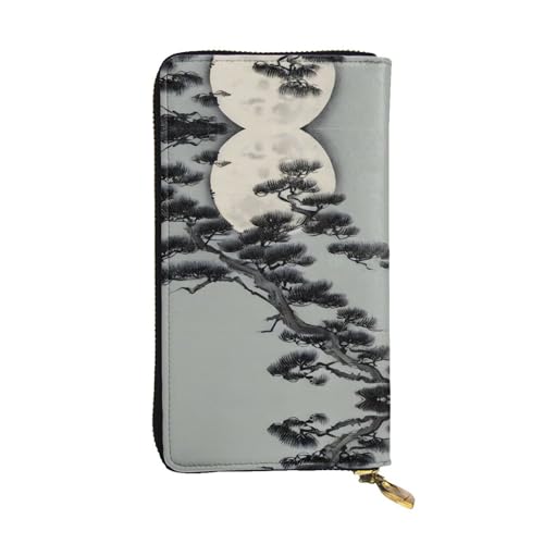 XZDAL Pine Tree Under The Moon Modische Ledergeldbörse mit Kartenfächern, Geldfach und Münzfach mit Reißverschluss von XZDAL