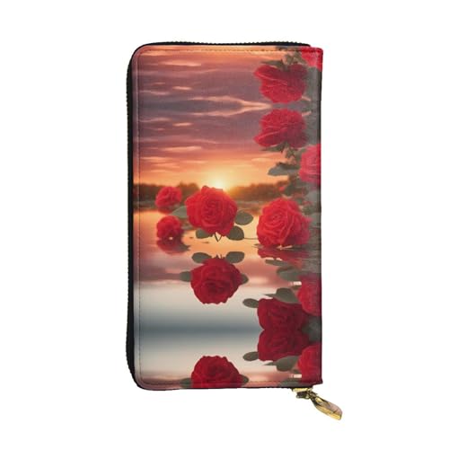 XZDAL Red Roses at Sunset Modische Leder-Clutch-Geldbörse mit Kartenfächern, Geldfach und Münzfach mit Reißverschluss von XZDAL