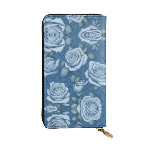 XZDAL Schöne Rosen auf blauem Hintergrund, modische Leder-Clutch-Geldbörse mit Kartenfächern, Geldfach und Münzfach mit Reißverschluss von XZDAL